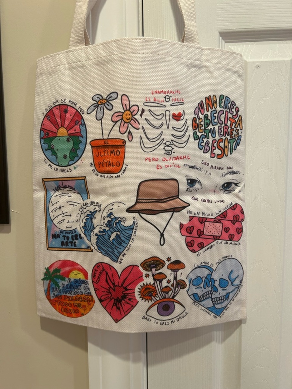 Bad Bunny Canvas Tote Bag with Colorful Graphic Lyrics 🐰🎵 - Picture 5 of 12
